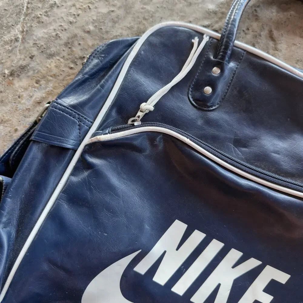 Vintage 1970s Nike Leather Faux Leather Blue Duffle Bag Travelite Logo Athletic